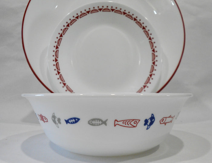 ❤️ 12-pc Corelle HARBOR TOWN Dinnerware Set / FISH Fishing Boat Red Blue Gray