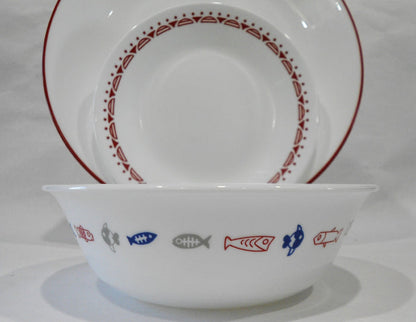 ❤️ 12-pc Corelle HARBOR TOWN Dinnerware Set / FISH Fishing Boat Red Blue Gray