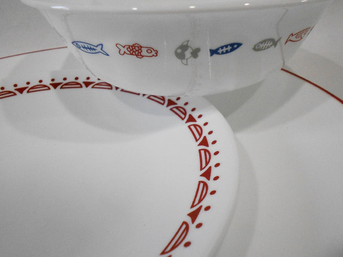 ❤️ 12-pc Corelle HARBOR TOWN Dinnerware Set / FISH Fishing Boat Red Blue Gray