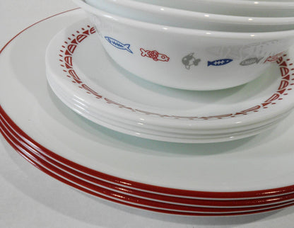 ❤️ 12-pc Corelle HARBOR TOWN Dinnerware Set / FISH Fishing Boat Red Blue Gray