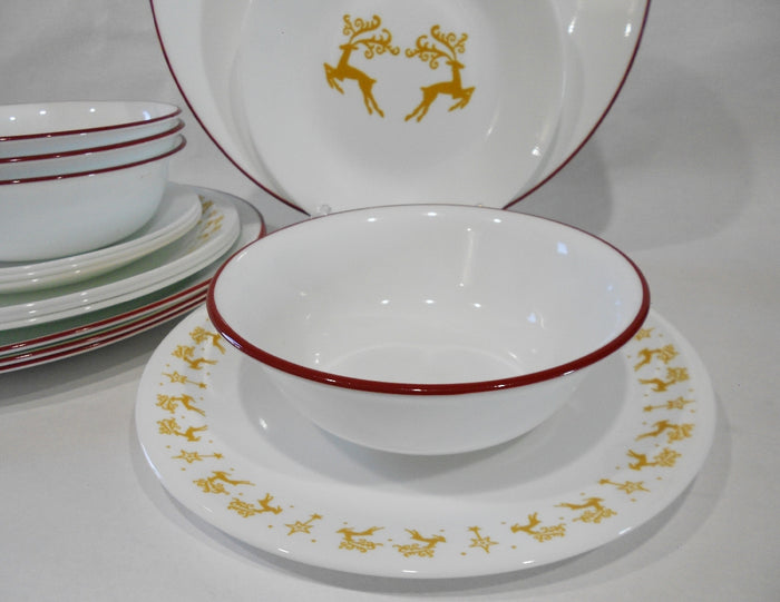 ❤️ 16-pc Corelle DANCER PRANCER Dinnerware Set CHRISTMAS Holiday Gold Reindeer