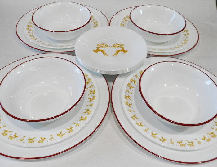 ❤️ 16-pc Corelle DANCER PRANCER Dinnerware Set CHRISTMAS Holiday Gold Reindeer