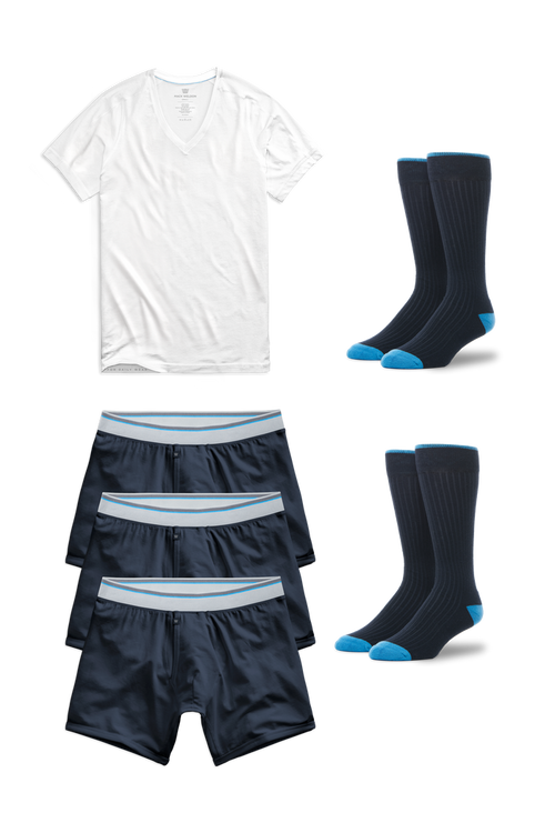 Front laydown of 18-Hour Essentials pack that includes an 18-Hour V-Neck Undershirt, 3 Pairs of 18-Hour Boxer Briefs and 2 Pairs of Everyday Extended Crew Socks