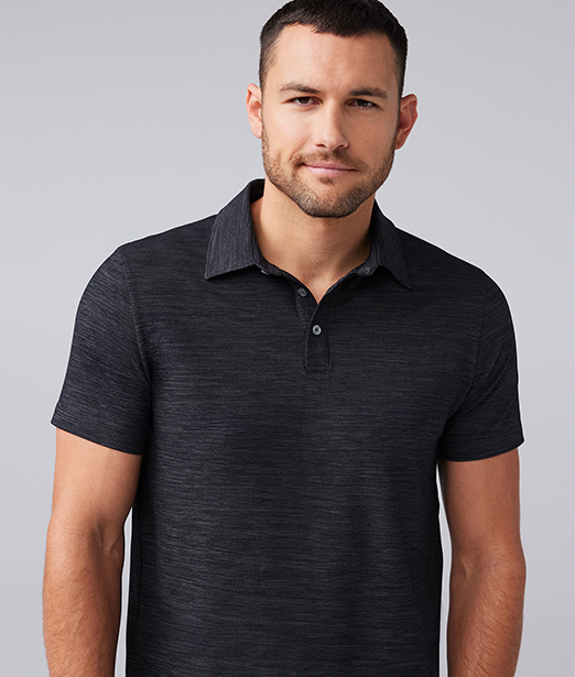 hover | Front view of man wearing AIRKNITˣ Polo in Anthracite Gargoyle