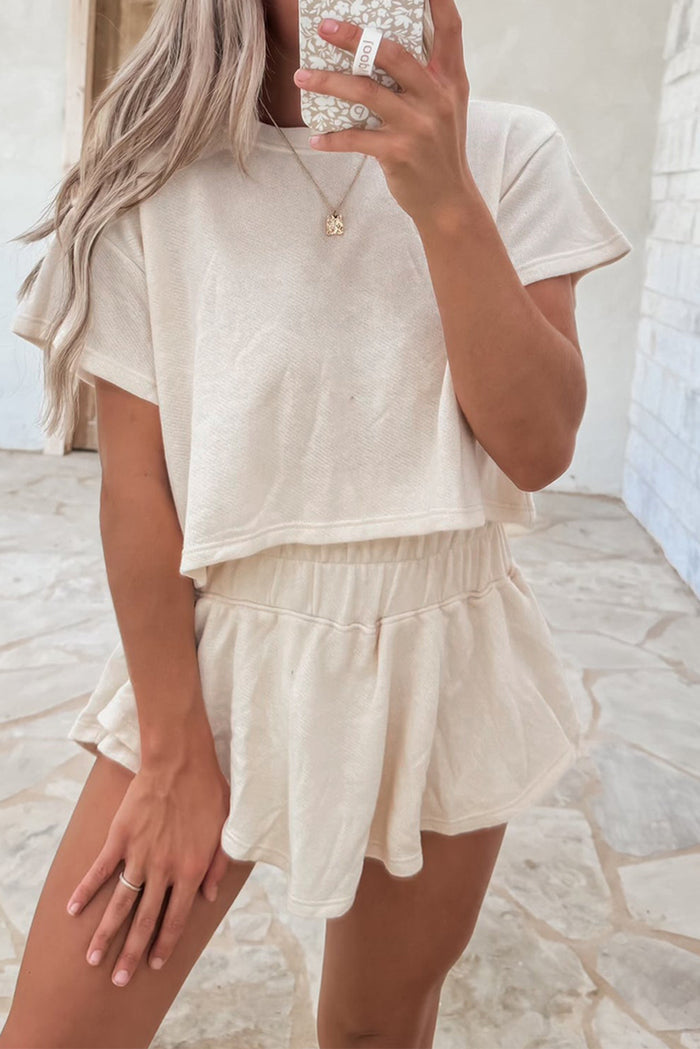 2-Piece Cropped Tee & Ruffle High Waist Skort Set – Beige