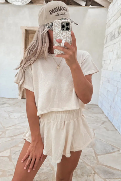 2-Piece Cropped Tee & Ruffle High Waist Skort Set – Beige