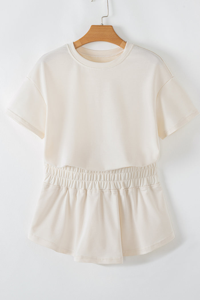 2-Piece Cropped Tee & Ruffle High Waist Skort Set – Beige