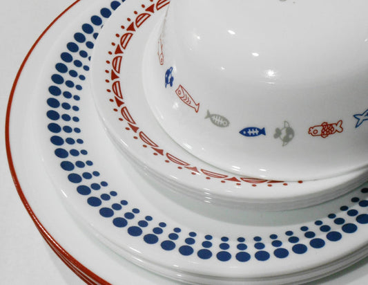 ❤️ 20-pc Corelle HARBOR TOWN Dinnerware Set / FISH Fishing Boat Red Blue Dots Gray