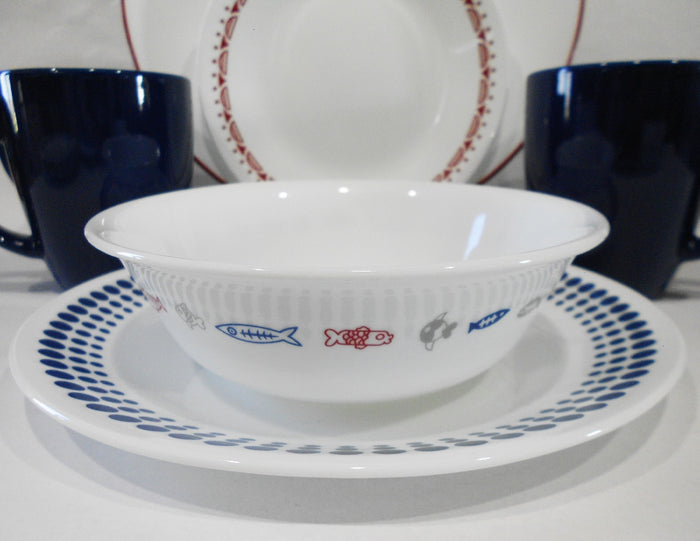 ❤️ 20-pc Corelle HARBOR TOWN Dinnerware Set / FISH Fishing Boat Red Blue Dots Gray