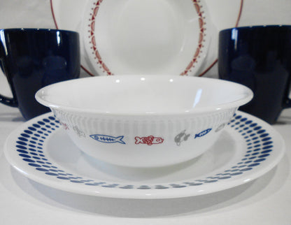 ❤️ 20-pc Corelle HARBOR TOWN Dinnerware Set / FISH Fishing Boat Red Blue Dots Gray