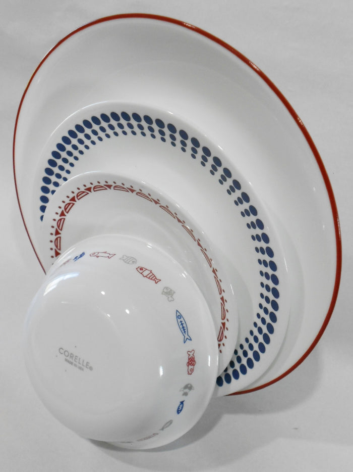 ❤️ 20-pc Corelle HARBOR TOWN Dinnerware Set / FISH Fishing Boat Red Blue Dots Gray