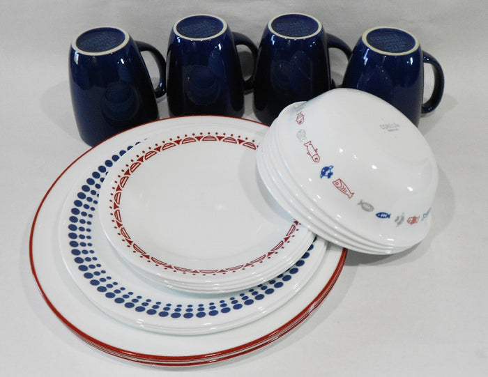 ❤️ 20-pc Corelle HARBOR TOWN Dinnerware Set / FISH Fishing Boat Red Blue Dots Gray