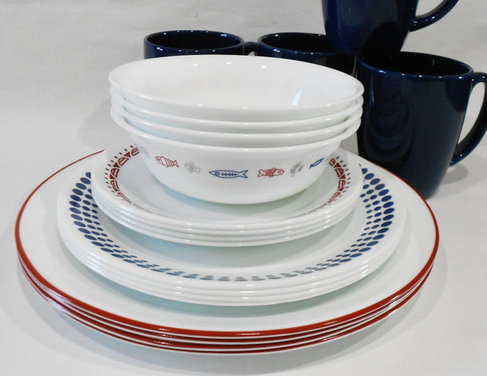 ❤️ 20-pc Corelle HARBOR TOWN Dinnerware Set / FISH Fishing Boat Red Blue Dots Gray