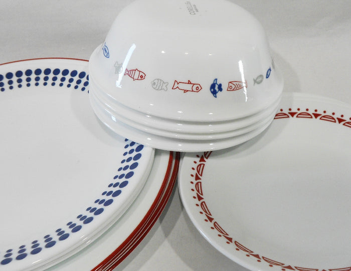 ❤️ 20-pc Corelle HARBOR TOWN Dinnerware Set / FISH Fishing Boat Red Blue Dots Gray
