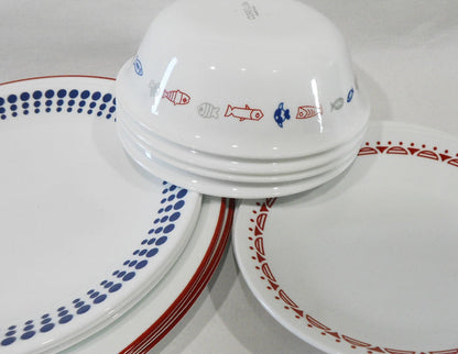 ❤️ 20-pc Corelle HARBOR TOWN Dinnerware Set / FISH Fishing Boat Red Blue Dots Gray