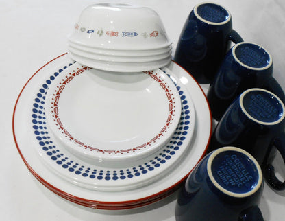 ❤️ 20-pc Corelle HARBOR TOWN Dinnerware Set / FISH Fishing Boat Red Blue Dots Gray
