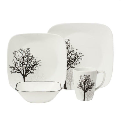 ❤️ 20-pc CORELLE Square TIMBER SHADOWS DINNERWARE SET *Black Grey Bare Trees