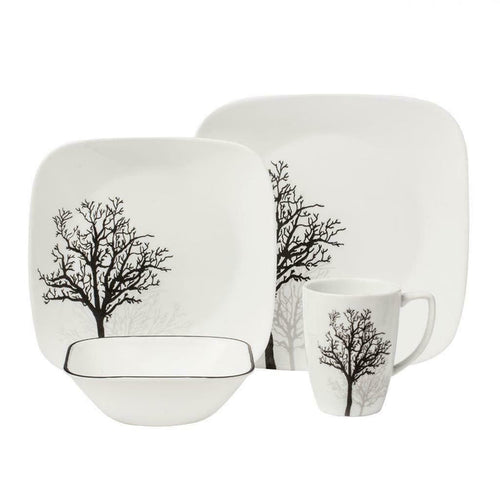 ❤️ 20-pc CORELLE Square TIMBER SHADOWS DINNERWARE SET *Black Grey Bare Trees