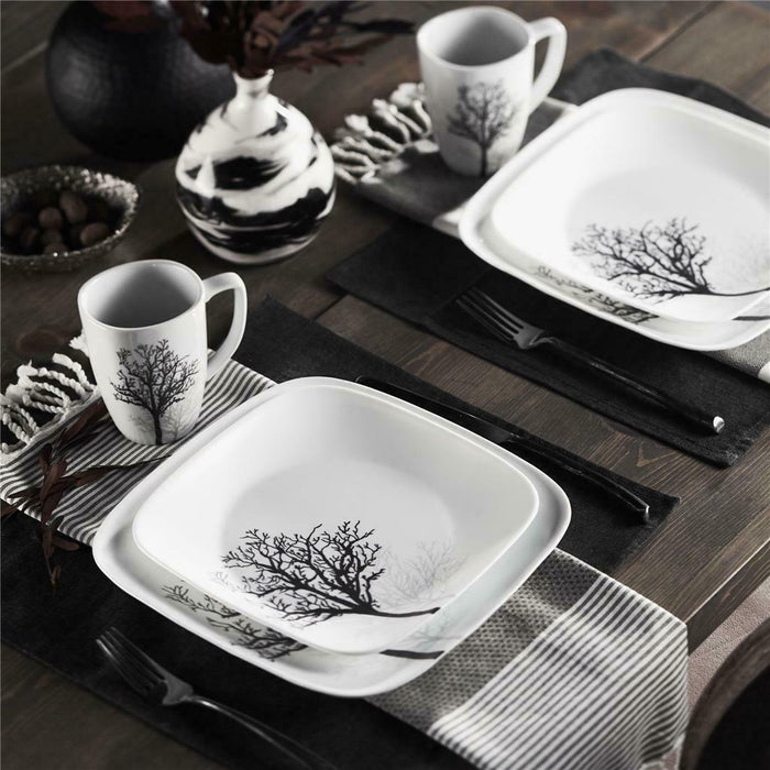 ❤️ 20-pc CORELLE Square TIMBER SHADOWS DINNERWARE SET *Black Grey Bare Trees