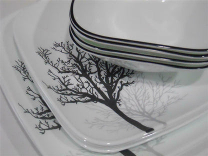 ❤️ 20-pc CORELLE Square TIMBER SHADOWS DINNERWARE SET *Black Grey Bare Trees