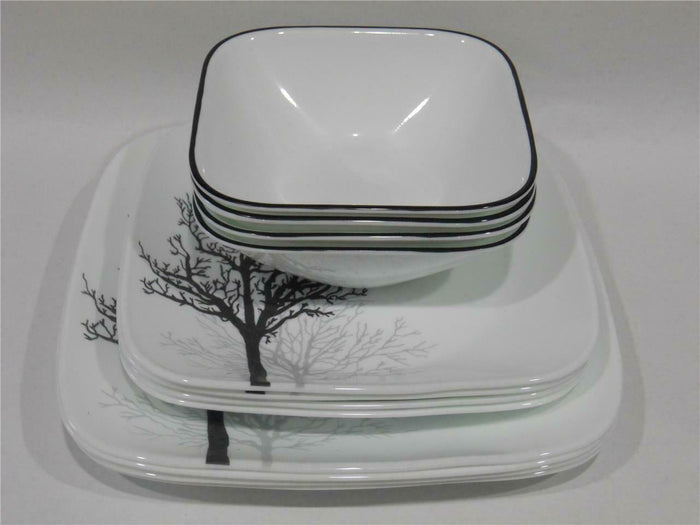 ❤️ 20-pc CORELLE Square TIMBER SHADOWS DINNERWARE SET *Black Grey Bare Trees