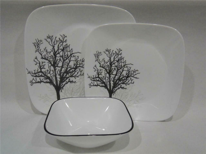 ❤️ 20-pc CORELLE Square TIMBER SHADOWS DINNERWARE SET *Black Grey Bare Trees