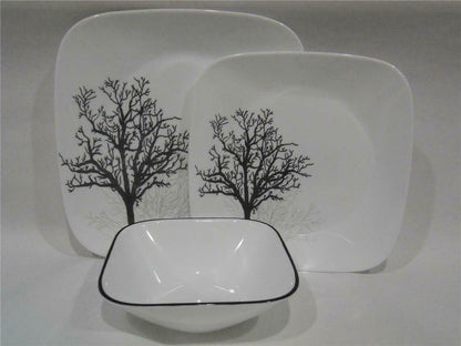 ❤️ 20-pc CORELLE Square TIMBER SHADOWS DINNERWARE SET *Black Grey Bare Trees