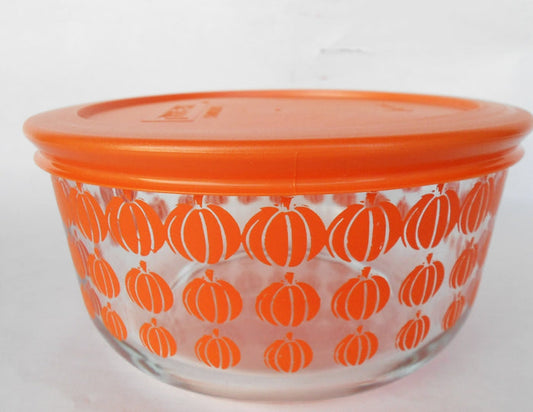 ❤️ 2014 PYREX 4 Cup ORANGE PUMPKIN ROWS 1-Qt Storage BOWL Spooky Halloween