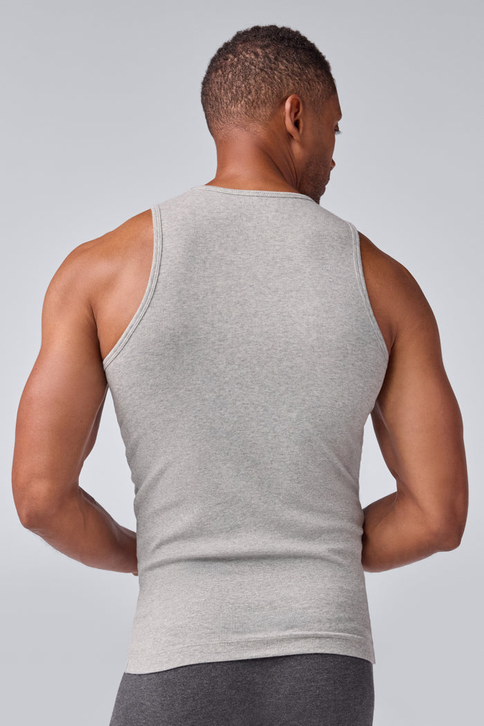 Back view of a man wearing 18-Hour Rib Tank in Grey Heather
