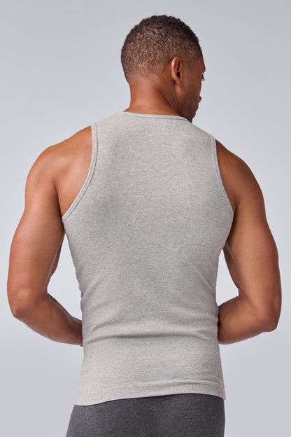 Back view of a man wearing 18-Hour Rib Tank in Grey Heather