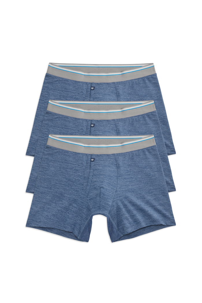 Front view of 3 pack Airknitx Boxer Brief w/ fly in Indigo Heather
