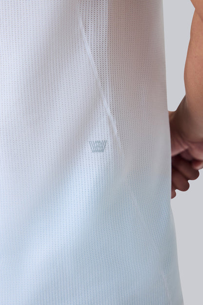 Mack Weldon logo on the side of AIRKNITˣ V-Neck Undershirt in Bright White