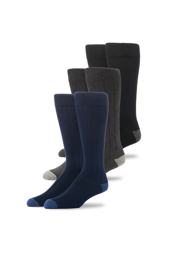 Front view of 3-Pack SILVER Extended Crew Dress Sock in Fade to Black