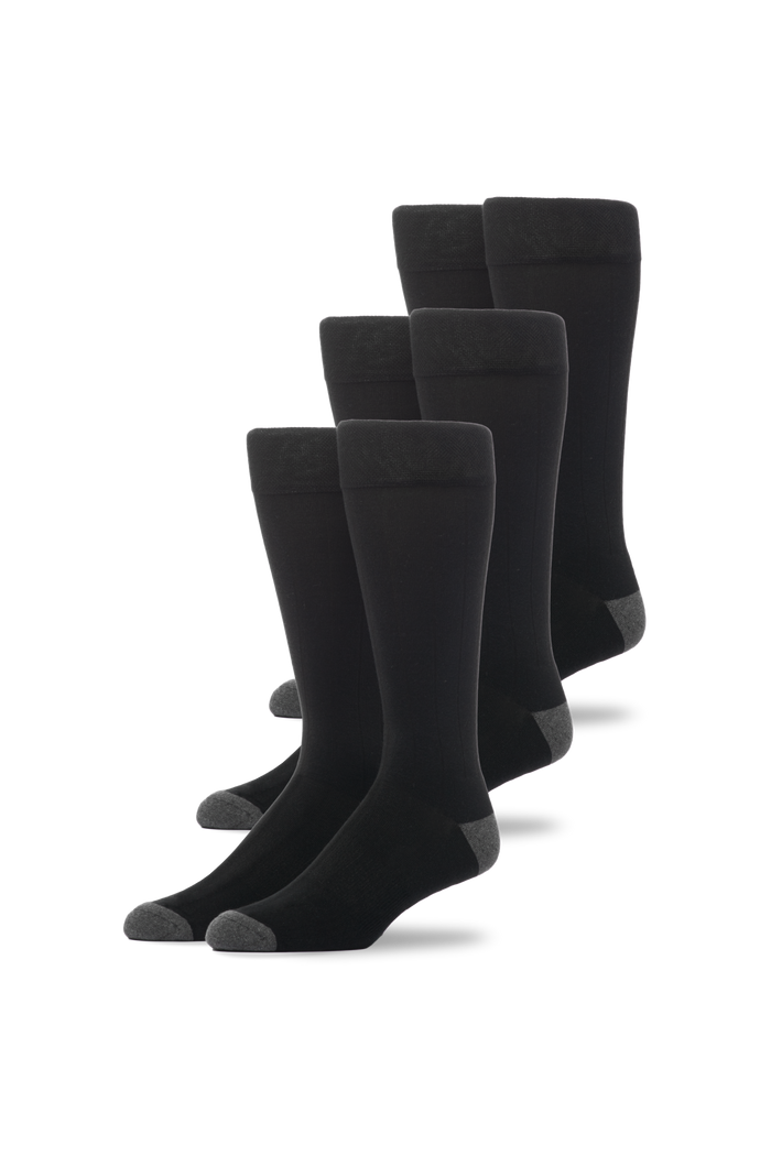 Front view of 3-Pack SILVER Extended Crew Dress Sock in True Black