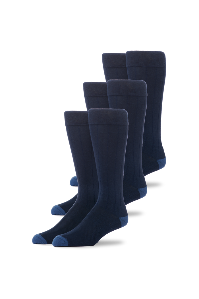 Front view of 3-Pack SILVER Extended Crew Dress Sock in True Navy