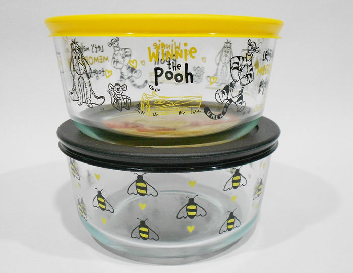 ❤️ 4-pc PYREX WINNIE THE POOH & BEE HAPPY 4 Cup Storage Bowls Set *Yellow Black