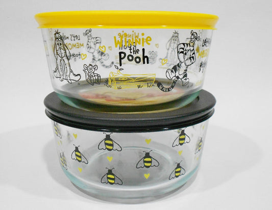 ❤️ 4-pc PYREX WINNIE THE POOH & BEE HAPPY 4 Cup Storage Bowls Set *Yellow Black