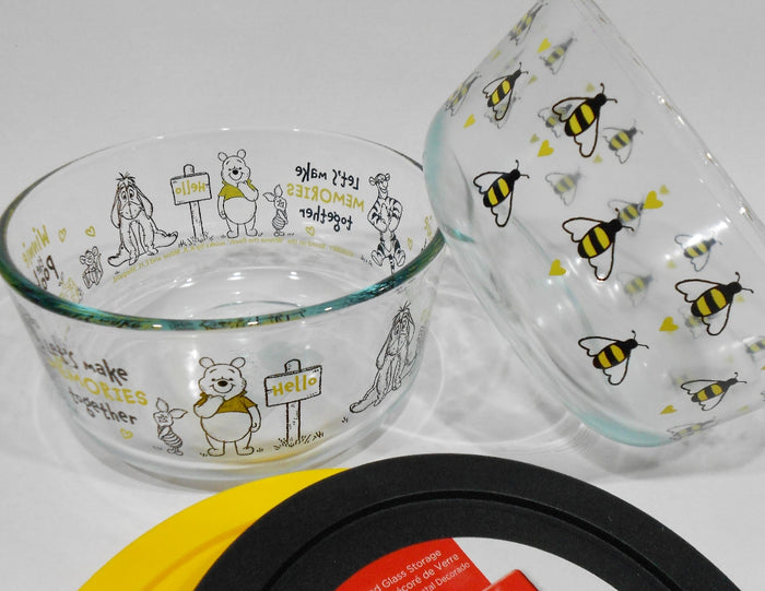 ❤️ 4-pc PYREX WINNIE THE POOH & BEE HAPPY 4 Cup Storage Bowls Set *Yellow Black