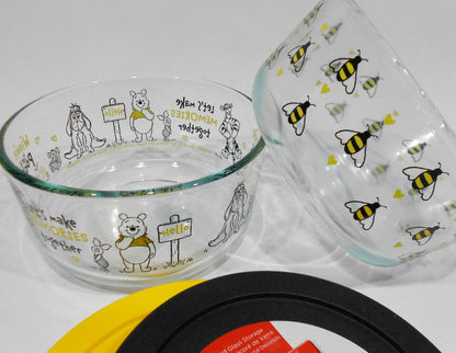 ❤️ 4-pc PYREX WINNIE THE POOH & BEE HAPPY 4 Cup Storage Bowls Set *Yellow Black