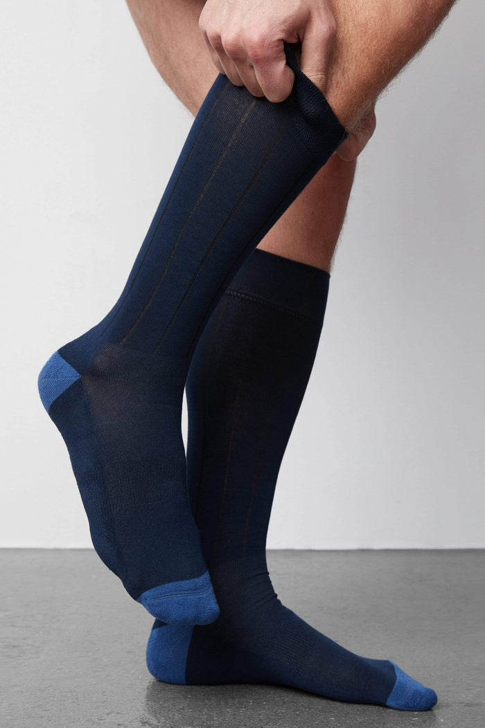 Close up side view of Silver Extended Crew Dress Sock in True Navy