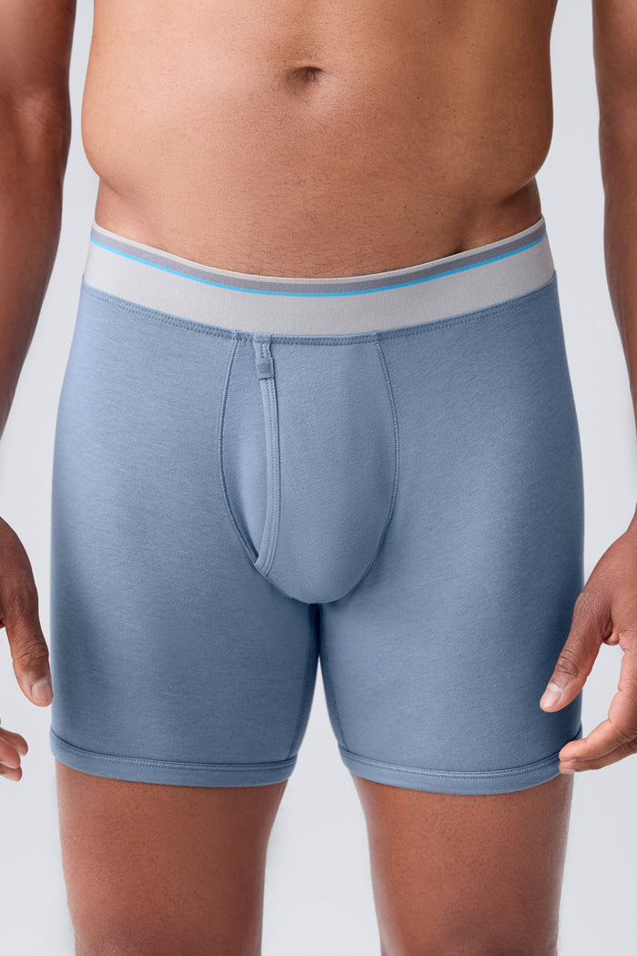 Front view of a man wearing 18 hour Jersey Boxer brief in Ice storm