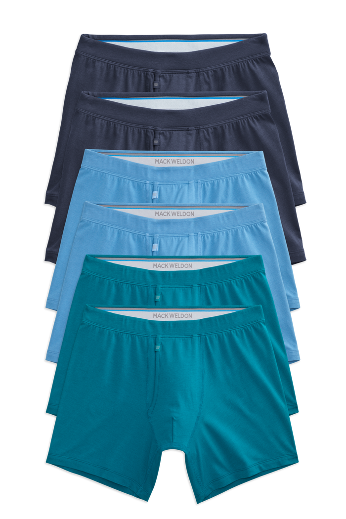 Front view of 6 pack Silver Boxer Brief in Blue Crush