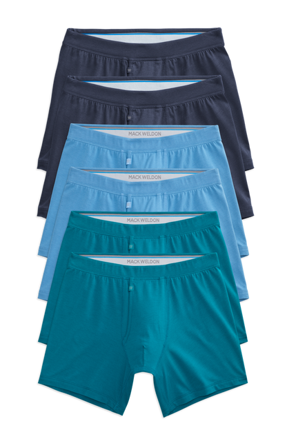 Front view of 6 pack Silver Boxer Brief in Blue Crush