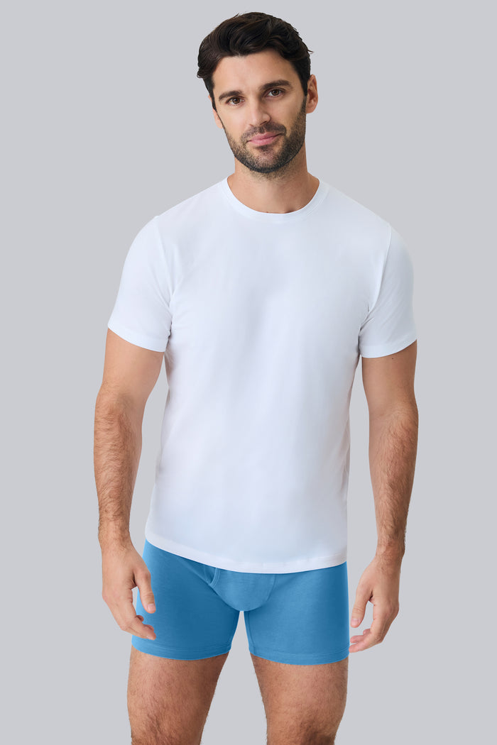 Full front view of a man wearing Silver Boxer Brief in Dean Blue