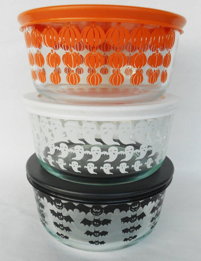 ❤️ 6-pc PYREX Halloween 4-Cup STORAGE BOWLS w/Covers 1-Qt Pumpkins, Ghosts & Bats