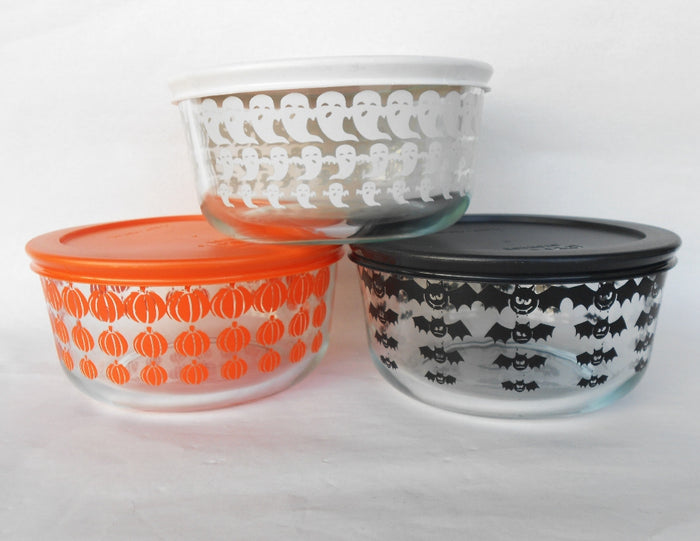 ❤️ 6-pc PYREX Halloween 4-Cup STORAGE BOWLS w/Covers 1-Qt Pumpkins, Ghosts & Bats