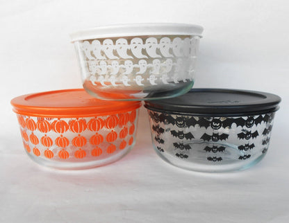 ❤️ 6-pc PYREX Halloween 4-Cup STORAGE BOWLS w/Covers 1-Qt Pumpkins, Ghosts & Bats