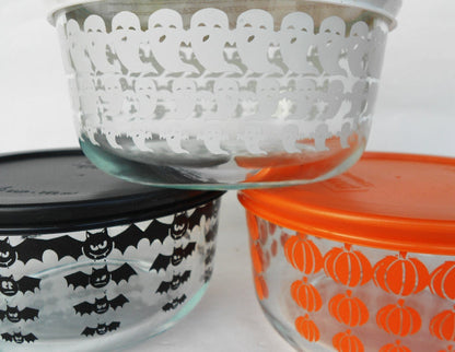 ❤️ 6-pc PYREX Halloween 4-Cup STORAGE BOWLS w/Covers 1-Qt Pumpkins, Ghosts & Bats