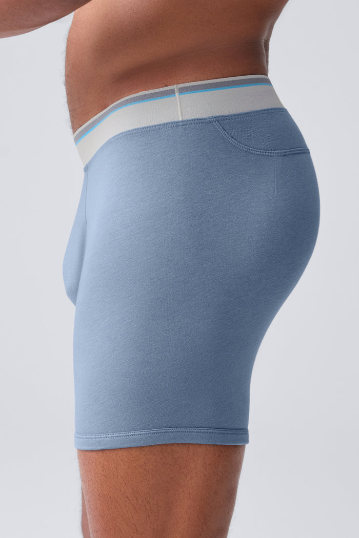 Side view of a man wearing 18 hour Jersey Boxer brief in Ice storm