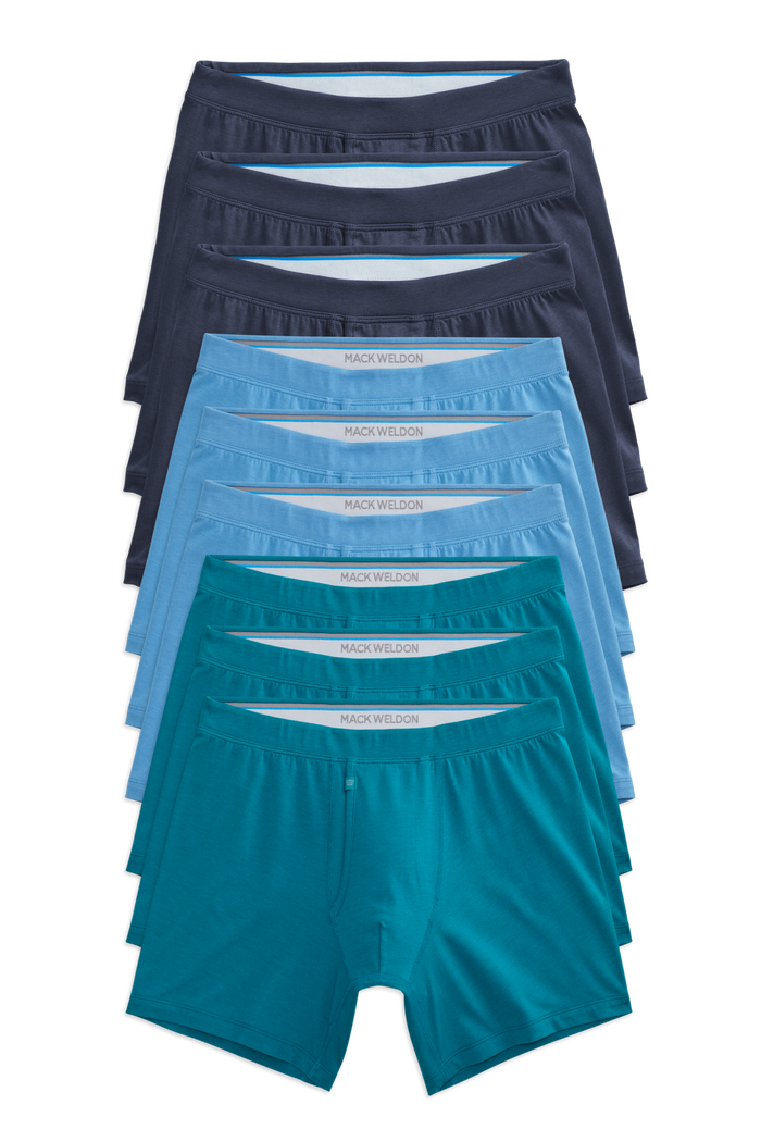 Front view of 9 pack Silver Boxer Brief in Blue Crush